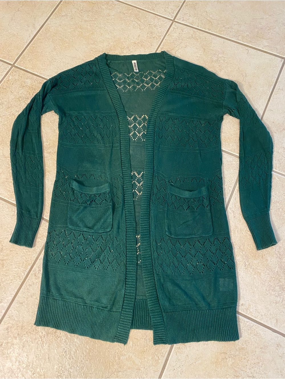 Open-Front Dark Green Knit Cardigan with Pockets